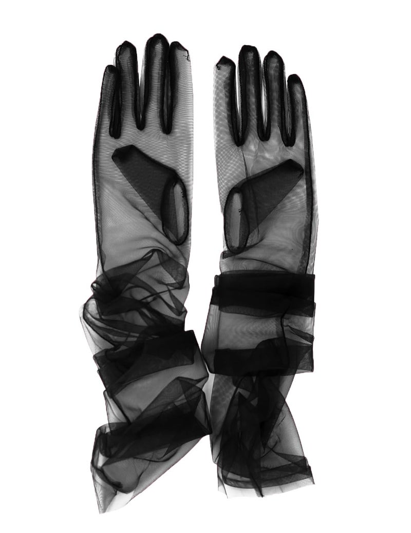 QRBTSCL Women's Wedding Bridal Mesh Tulle Gloves Long Opera Costume Party Glove 27" Elbow Length Sheer Gloves Black - Image 1